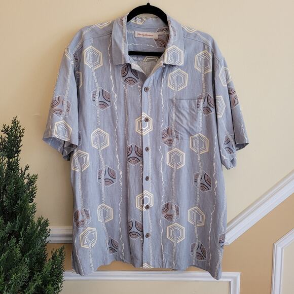 Tommy Bahama Blue-Gray Geometric Silk Shirt size Large - Picture 4 of 15
